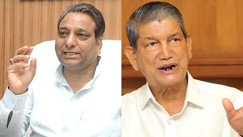 BJP spokesperson and sitting MLA, Vinod Chamoli (L) and former Uttarakhand Chief Minister Harish Rawat.