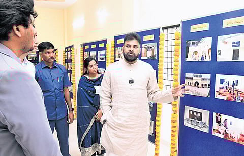Deputy CM Pawan Kalyan goes around a photo exhibition after inaugurating the Divisional Development Office in Chittoor on Thursday