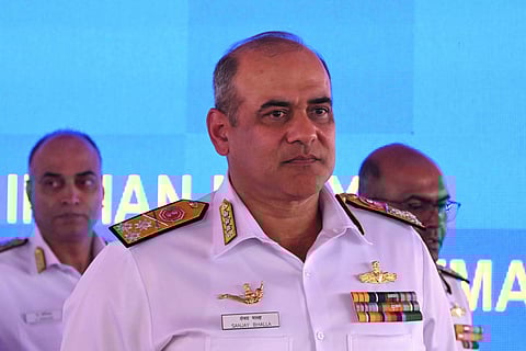 Vice Admiral Sanjay Bhalla, Flag Officer Commanding-in-Chief (FOC-in-C), Eastern Naval Command (ENC), addressing the media onboard INS Himgiri and INS Mumbai in Visakhapatnam on Wednesday.