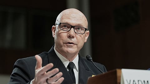 Admiral Frank M. Bradley testifies during a Senate Armed Services Committee hearing to examine his nomination to be admiral and Commander, United States Special Operation Command, July 22, 2025, at the Capitol in Washington.
