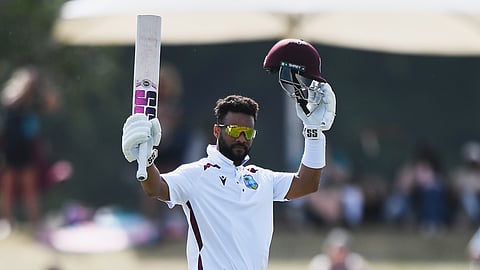 West Indies' Shai Hope celebrates scoring 100 runs against New Zealand on Day 4 of their cricket test match in Christchurch, New Zealand, Friday, Dec. 5, 2025.