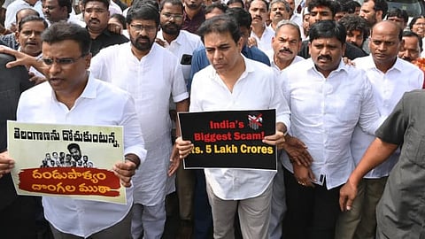 BRS Working President K T Rama Rao along with party leaders Protest Against the HILT Policy - Exposing the Congress Government's Plot to Damage Telangana's Industrial Growth