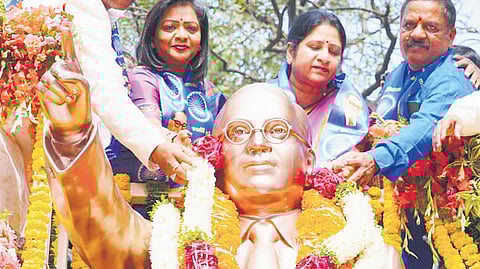 Hyderabad Mayor Gadwal Vijayalaxmi unveils a Dr BR Ambedkar statue at the GHMC head office in the city on Thursday.