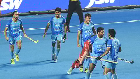 Indian team celebrate after winning the shoot-out against Belgium on Friday