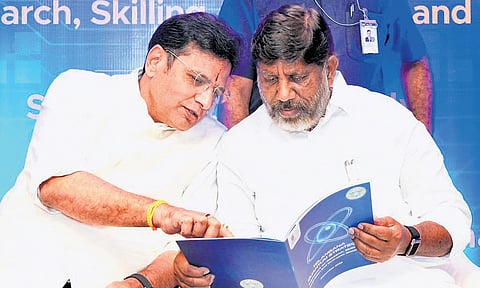 Deputy Chief Minister Mallu Bhatti Vikramarka and IT & Industries Minister D Sridhar Babu during the launch of roadmap for quantum strategy on Thursday