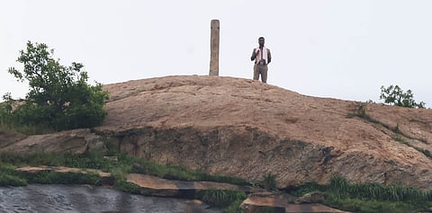 The stone pillar, where the authorities are asked by court to lit lamp, apart from the usual spot, in Thiruparankundram hill in Madurai.