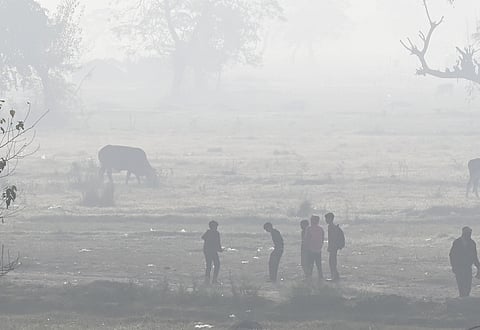 A thick layer of Smog seen over the city, at Yamuna bank on December 04, 2025 in New Delhi.