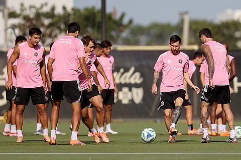 Lionel Messi of Inter Miami CF controls the ball during a training session ahead of a match against Vancouver Whitecaps FC as part of Audi 2025 MLS Cup Final at Florida Blue Training Center on December 4, 2025 in Fort Lauderdale, Florida.