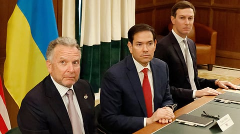 FILE - Special envoy Steve Witkoff, left, Secretary of State Marco Rubio, center, and Jared Kushner attend a meeting with Ukrainian officials, Nov. 30, 2025, in Hallandale Beach, Fla.