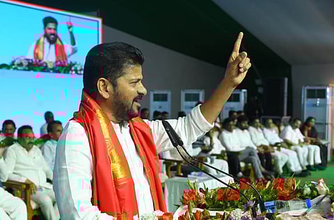 Chief Minister A Revanth Reddy during the public meeting at Adilabad.