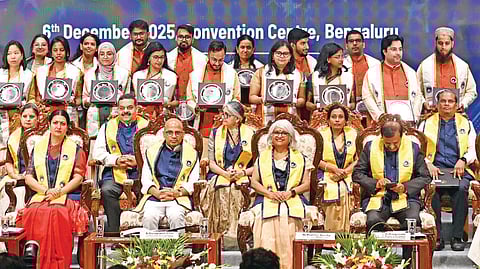 Outgoing students from various departments, who received Silver Jubilee Awards, along with delegates at the 28th NIMHANS Convocation in Bengaluru on Saturday