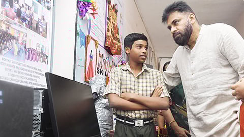 Deputy CM Pawan Kalyan during Mega Parent Teacher meeting at Sarada ZP High School in Chilakaluripet on Friday.