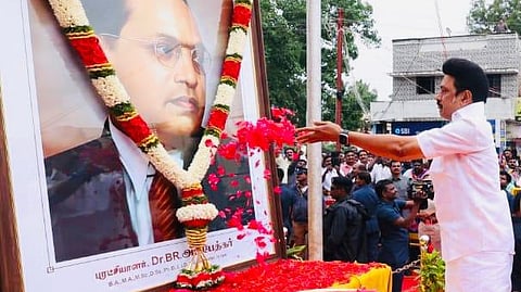 CM Stalin offering floral tribute to BR Ambedkar