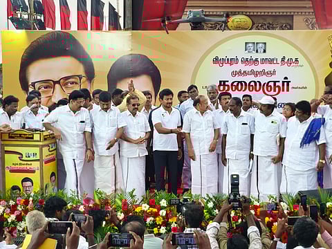Deputy CM Udhayanidhi Stalin unveiling the statue (right) of former chief minister M Karunanidhi in Villupuram on Saturday.