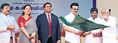 CM M K Stalin with SL’s Deputy Consul General Ganesanathan Geathiswaran during the event at the Chennai Port on Saturday