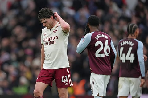 Arsenal's Declan Rice reacts after the English Premier League soccer match between Aston Villa and Arsenal