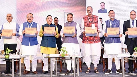 Chief Minister Mohan Charan Majhi along with Union minister Pralhad Joshi and deputy chief minister KV Singh Deo at the GELS-2025 summit in Puri on Saturday