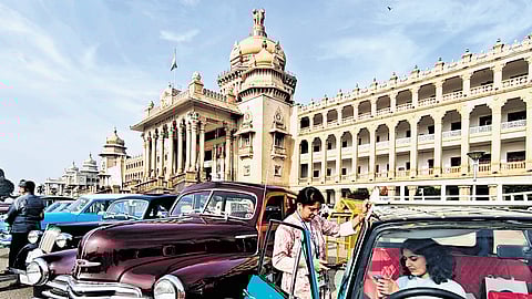 Vintage vehicles displayed to create awareness, near Vidhana Soudha, in Bengaluru on Sunday