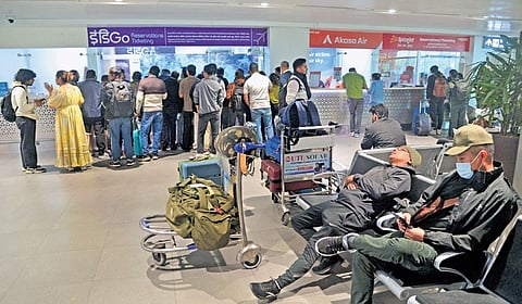 Passengers stand near IndiGo ticket counter at IGI Airport’s Terminal 1.