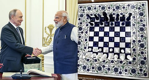 PM Modi gifts Putin a handcrafted marble chessboard showcasing Agra’s Taj Mahal-inspired craftsmanship during his two-day state visit.