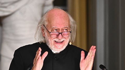 Laszlo Krasznahorkai, Nobel Prize laureate in Literature, delivers his Nobel Prize lecture in Stockholm, Sweden, Sunday Dec. 7, 2025