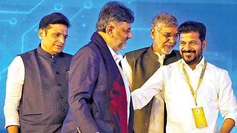 Chief Minister A Revanth Reddy with Karnataka Deputy Chief Minister DK Shivakumar during the Telangana Rising Global Summit in Future City
