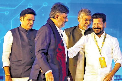 Chief Minister A Revanth Reddy with Karnataka Deputy Chief Minister DK Shivakumar during the Telangana Rising Global Summit in Future City