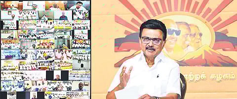 Chief Minister MK Stalin virtually addressing DMK district secretaries and other functionaries in Chennai on Monday | Express