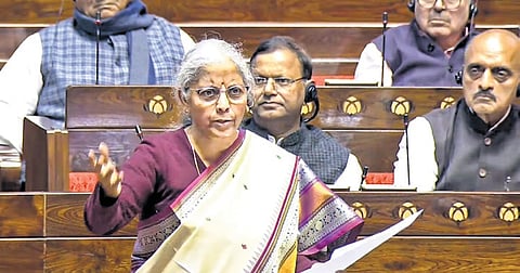 Finance Minister Nirmala Sitharaman speaks in the Rajya Sabha on Monday.
