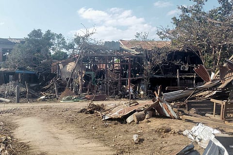 Damaged buildings are seen in an area allegedly hit by the military’s airstrike in Mayakan village in Tabayin township, also known as Depayin in Sagaing region, Myanmar.