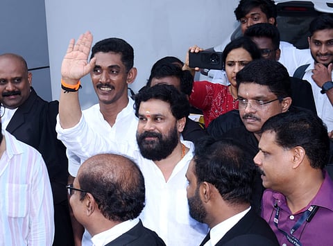 Actor Dileep, celebrating the verdict, waving hands to the fans who were waiting outside the principal sessions court.