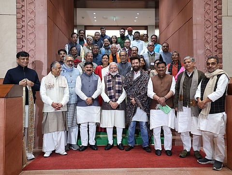 PM Modi spent considerable time engaging with the MPs and agreed to a group photograph, with nearly 30 members from both Houses standing alongside him.