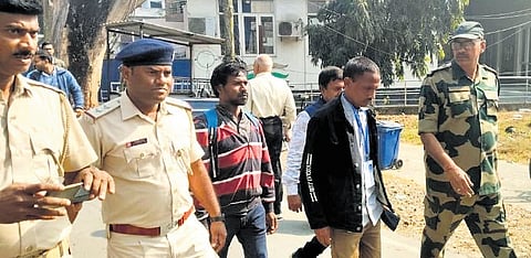 Sudam Hembram (second from right) being brought back to Mayurbhanj | Express