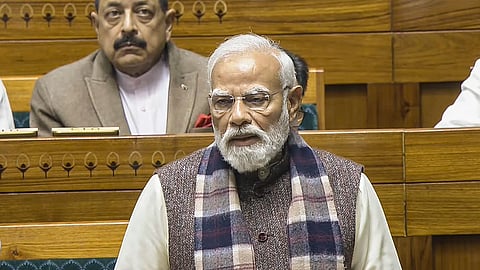 Prime Minister Narendra Modi speaks in the Lok Sabha during a discussion on the 150th anniversary of the national song 'Vande Mataram', at the Winter session of Parliament, in New Delhi, Monday, Dec. 8, 2025