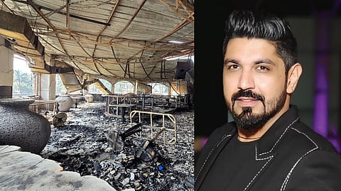 The charred interiors of a nightclub, which caught fire early Sunday, are seen in Arpora, Goa (L); owner of the nighclub Saurabh Luthra.