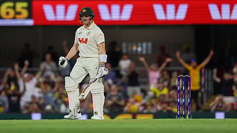 Australia's captain Steve Smith reacts after winning the second Ashes cricket test match between Australia and England in Brisbane, Sunday, Dec. 7, 2025.