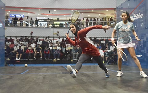Iran's Fereshteh Eghtedari in action against Satomi Watanabe on Tuesday
