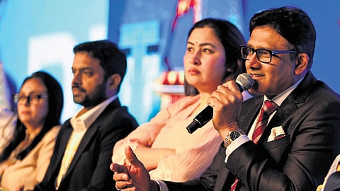 Former India cricket captain Anil Kumble speaks during the Telangana Rising Global Summit in Future City, Hyderabad on Tuesday.