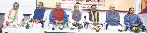 CM Mohan Majhi along with BL Santhosh, Manmohan Samal, Vijay Pal Singh Tomar and Lata Usendi at the state-level organisational workshop on Wednesday.
