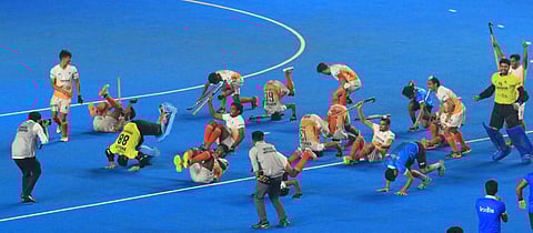 Team India celebrate after winning the 3rd position in the FIH junior World Cup hockey tournament in Chennai on Wednesday. (Express Photo | Ashwin Prasath)