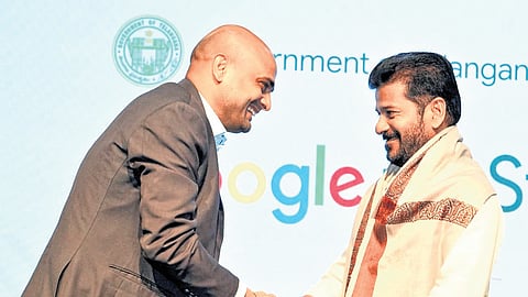 Chief Minister A Revanth Reddy at the inauguration of Google for Startups (GfS) hub at T-Hub in Hyderabad on Wednesday