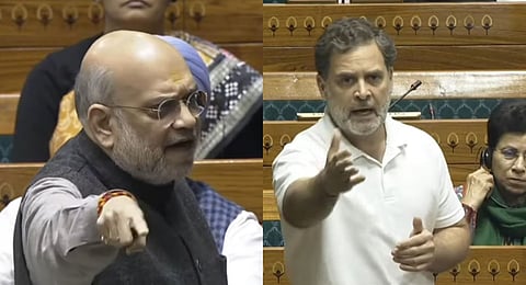 Union Minister Amit Shah and Congress leader Rahul Gandhi speaks during a discussion on electoral reforms in Lok Sabha.
