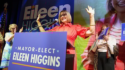 Miami mayor-elect Eileen Higgins celebrates at a watch party after winning the Miami mayoral runoff election, Tuesday, Dec. 9, 2025, in Miami.