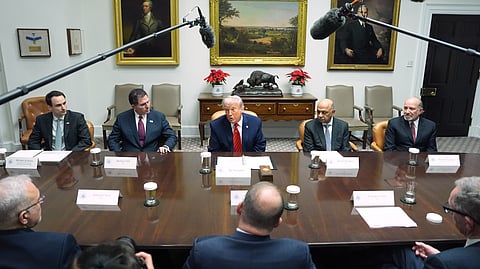 President Donald Trump speaks during a roundtable discussion with business leaders in the Roosevelt Room of the White House, Wednesday, Dec. 10, 2025, in Washington.