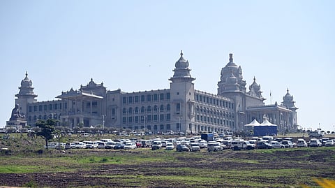 Vehicles of legislators and visitors parked outside the Suvarna Vidhana Soudha in Belagavi on Wednesday.