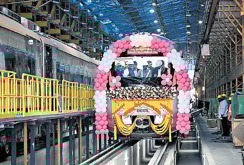 The driverless Metro train undergoes a test run at the BEML Rail Complex on Thursday