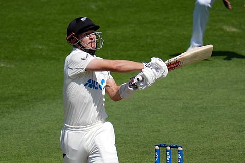 New Zealand's Mitchell Hay bats during day two of the 2nd international Test cricket match between New Zealand and West Indies at the Basin reserve in Wellington on December 11, 2025.