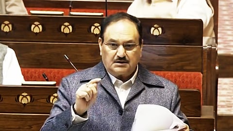 Leader of the House and BJP president JP Nadda adressing the Rajya Sabha during the Vande Mataram debate.