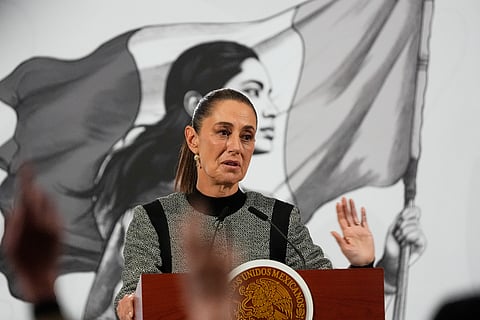 Mexican President Claudia Sheinbaum speaks during her daily morning press conference at the National Palace in Mexico City, Friday, Nov. 28, 2025.