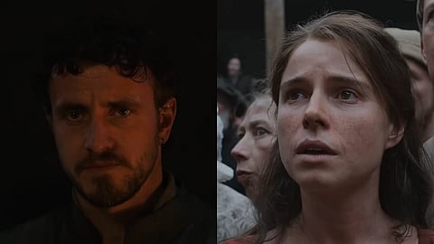 Paul Mescal (L) and Jessie Buckley (R) in stills from Hamnet's teaser